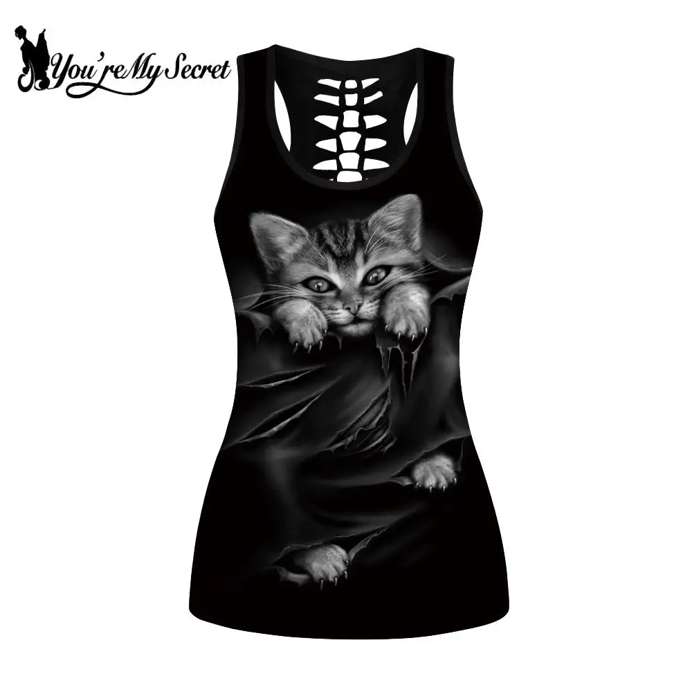 

[You're My Secret] Fashion Gothic Women Vest Shirt Black Cat Round Neck Hollow Sleeveless Tank Tops Streetwear Top