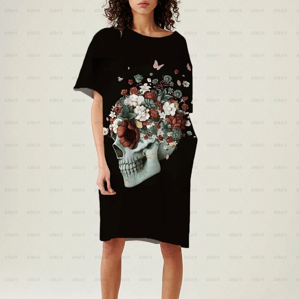 

2022 Fashion New Ball Gown Skull Flower 3D Printed Dress Women T-Shirt Maxi Dress Casual Women Summer Beach Party Vintage Loose