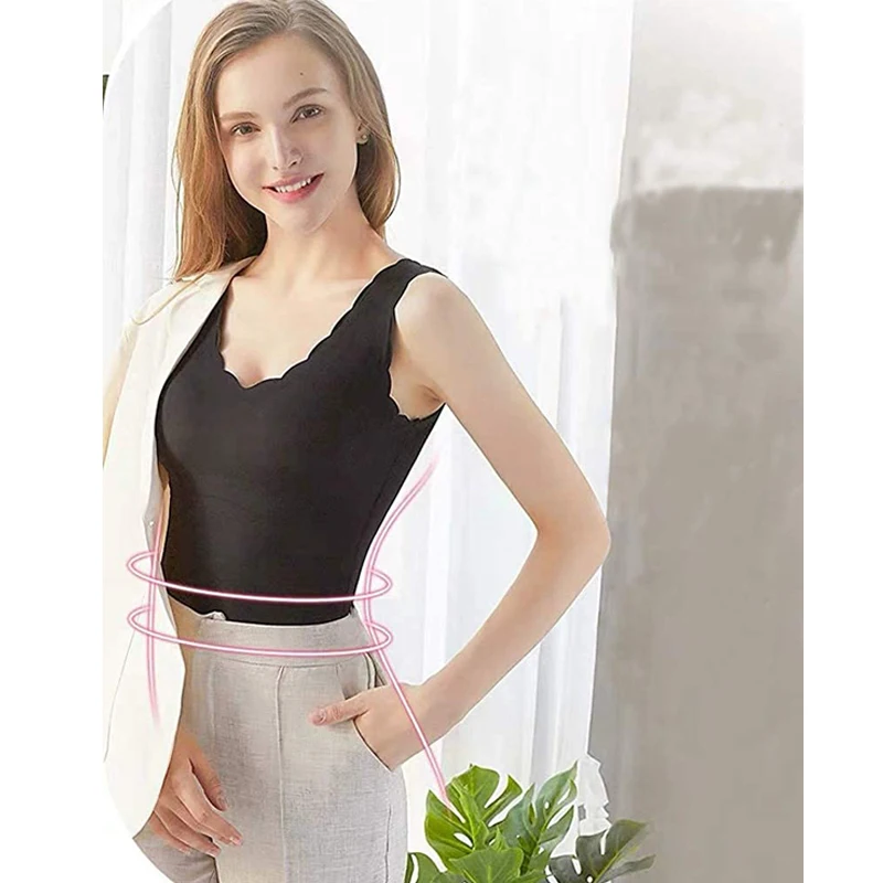 Women's V-Neck Fleece Lined Tank Top Thermal Underwear Built-in Bra Camisole Vest Winter Clothes Thermal Shirt Camiseta Termica