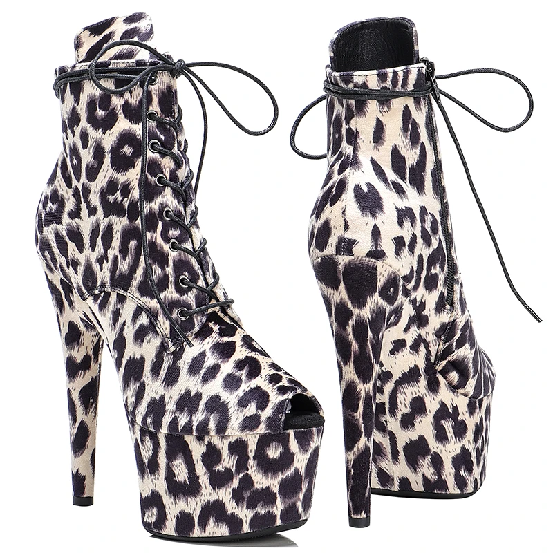 Leecabe 17CM/7inches ankle boots  leopard upper open toe   platform party  shoes Pole Dance boot