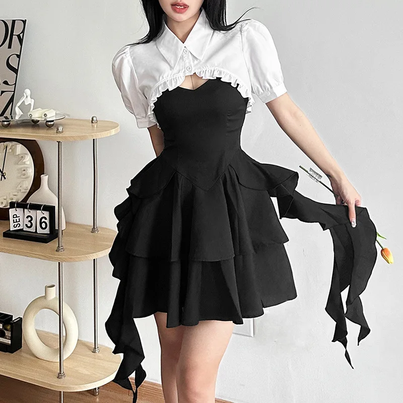 

Europe Streetwear 2023 Spring Summer Sexy Women Dress Splice Button Design Style Clothes Formal Elegant Party Dresses Robe Y2k