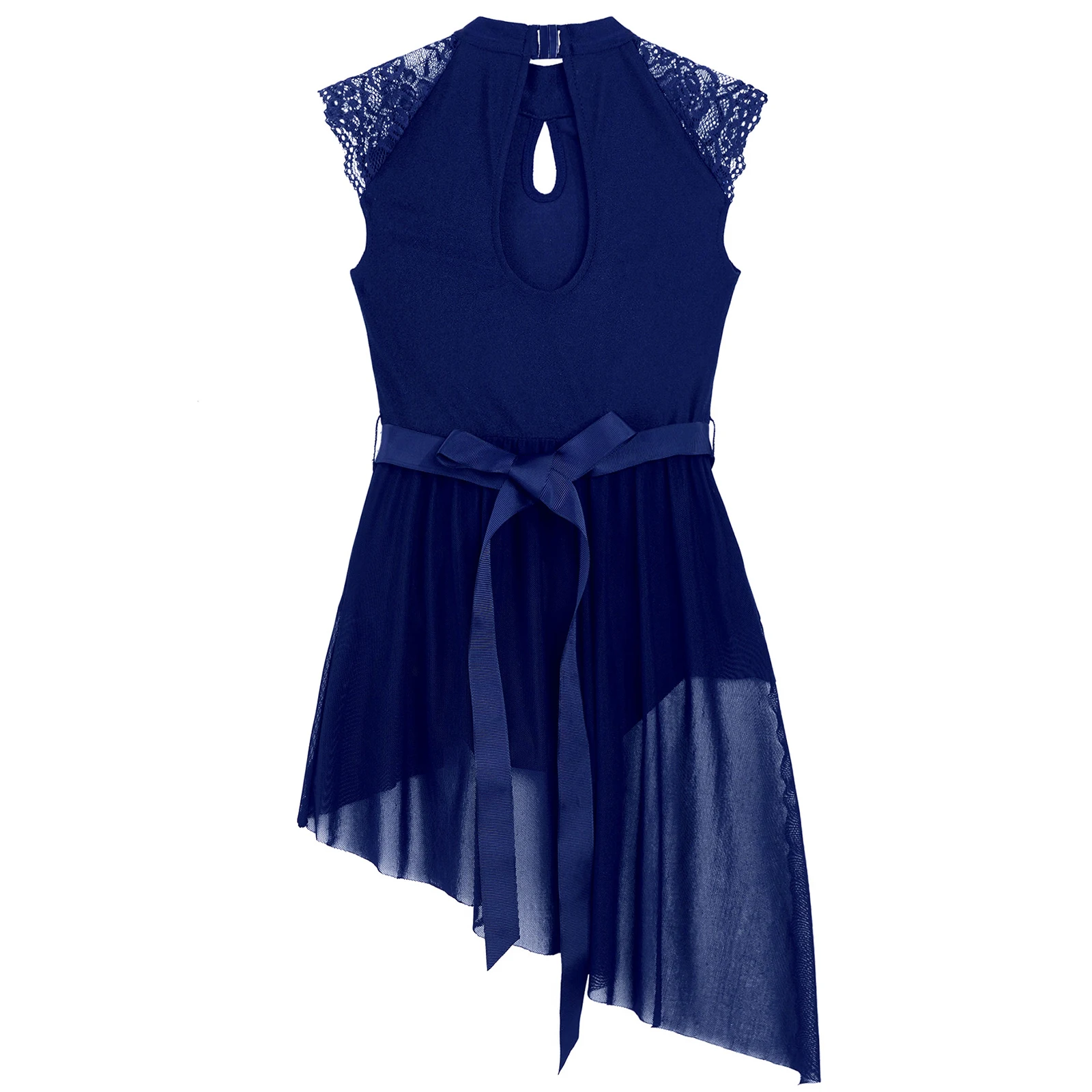 Kids Girls Elegant Lyrical Dance Dress Lace Asymmetrical Tulle Ice Figure Skating Dress with Rhinestone Belt Gymanstcs Leotard