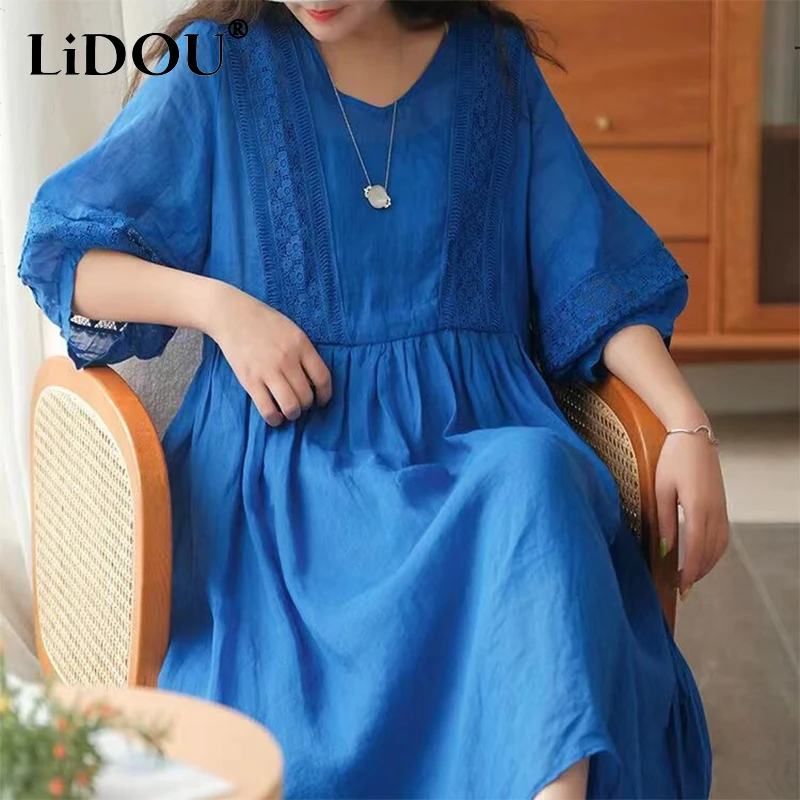 

Summer Ethnic Style Cotton Linen Dress Ladies Loose Casual Vintage Patchwork Robe Femme Half Sleeve Solid Color V-neck Vestido