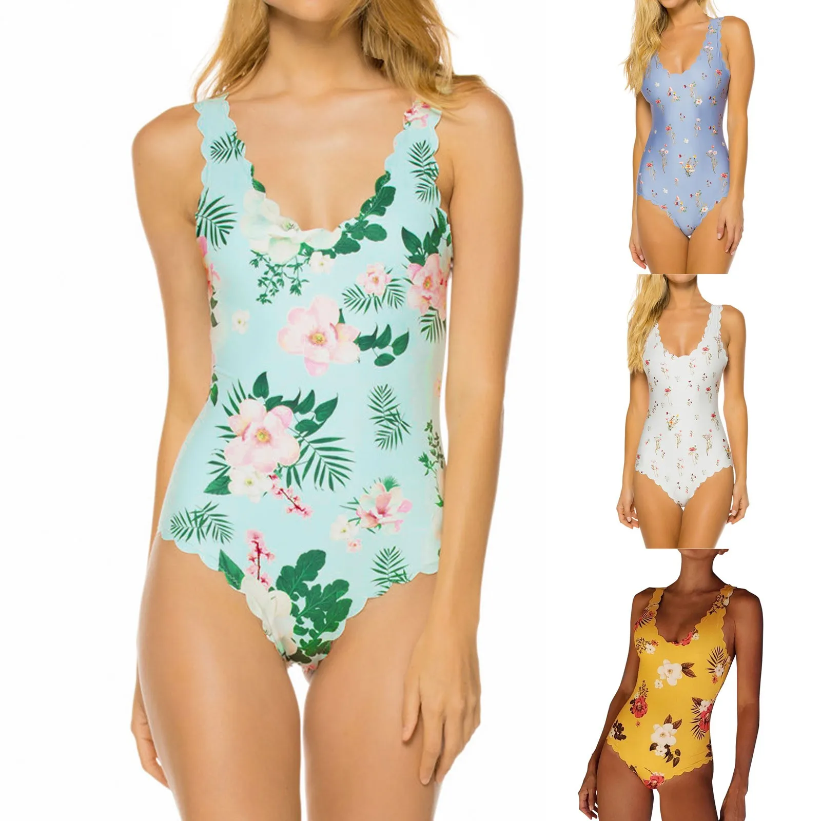 

Женский Цельный купальник с оборками, купальник с цветочным принтом и леопардовым принтом, сексуальный Монокини, костюм бикини с глубоким V-...