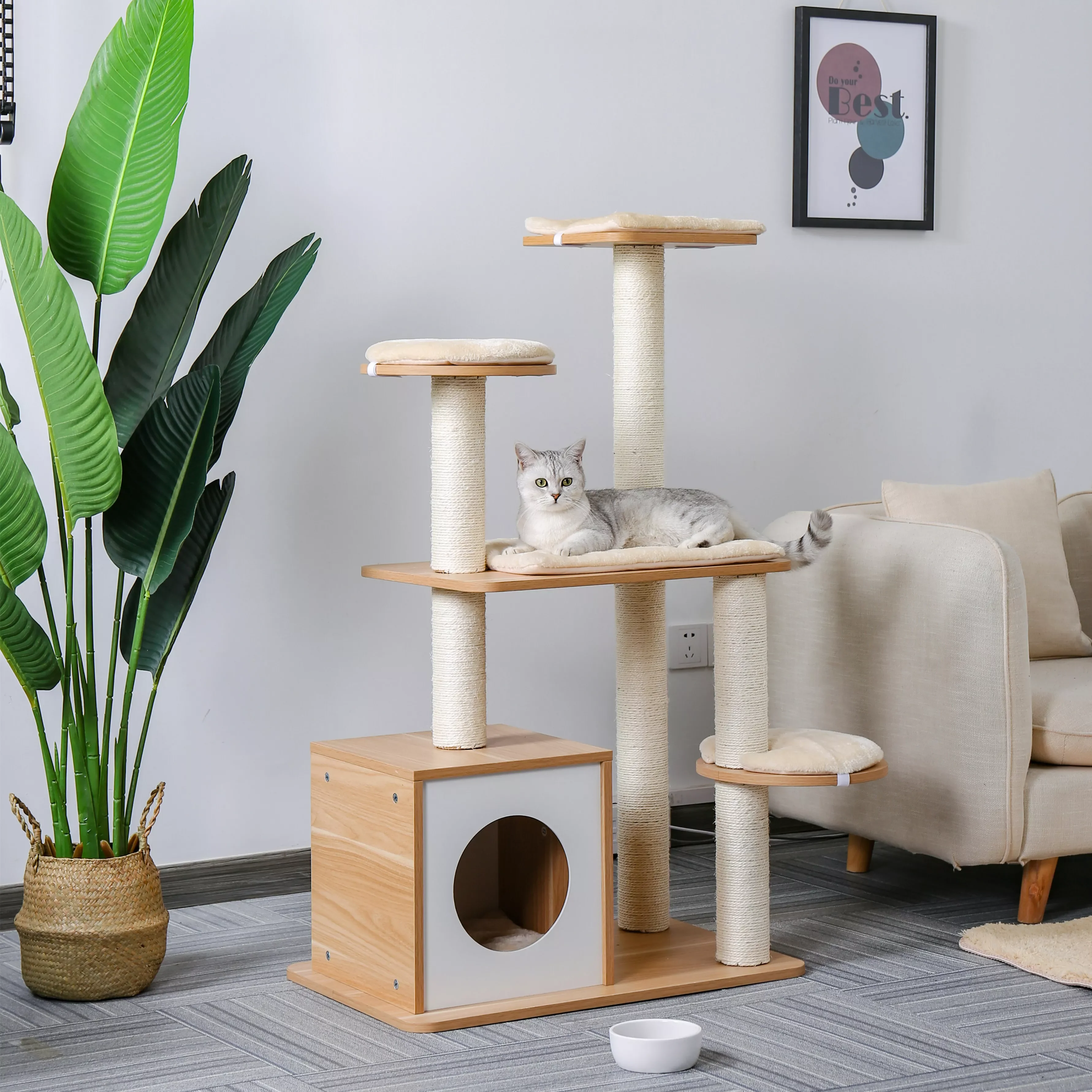 

New Multi-Level Wooden Cat Tree Modern Cat Furniture Cat Condo with House,Cat Scratching Post Indoor for Cats and Kittens