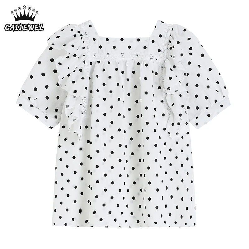 

Women's Clothing Shirts Square Neck Polka Ruffle Dots Puff Short Sleeve Casual French Fashion Baggy Ladies Blouse Tops Summer