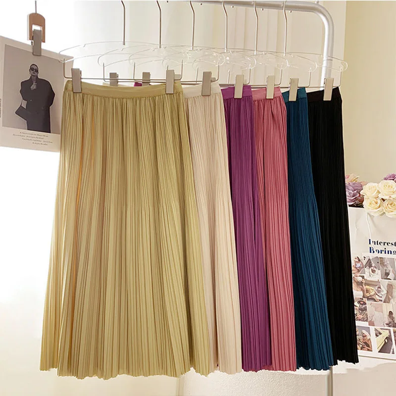 

Summer Skirts Womens 2022 Stylish Solid Elasitic Waist Pleated Skirt Four Seasons Casual Midi Skirt Women Clothes Jupe