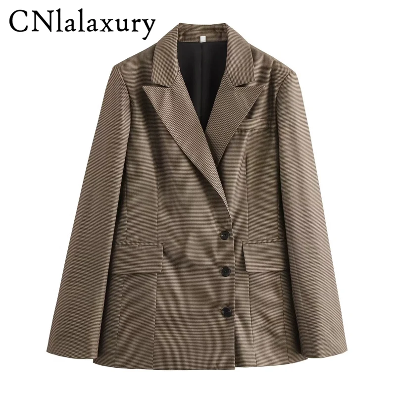 2024 винтажный двубортный офисный женский клетчатый пиджак с карманами свободный