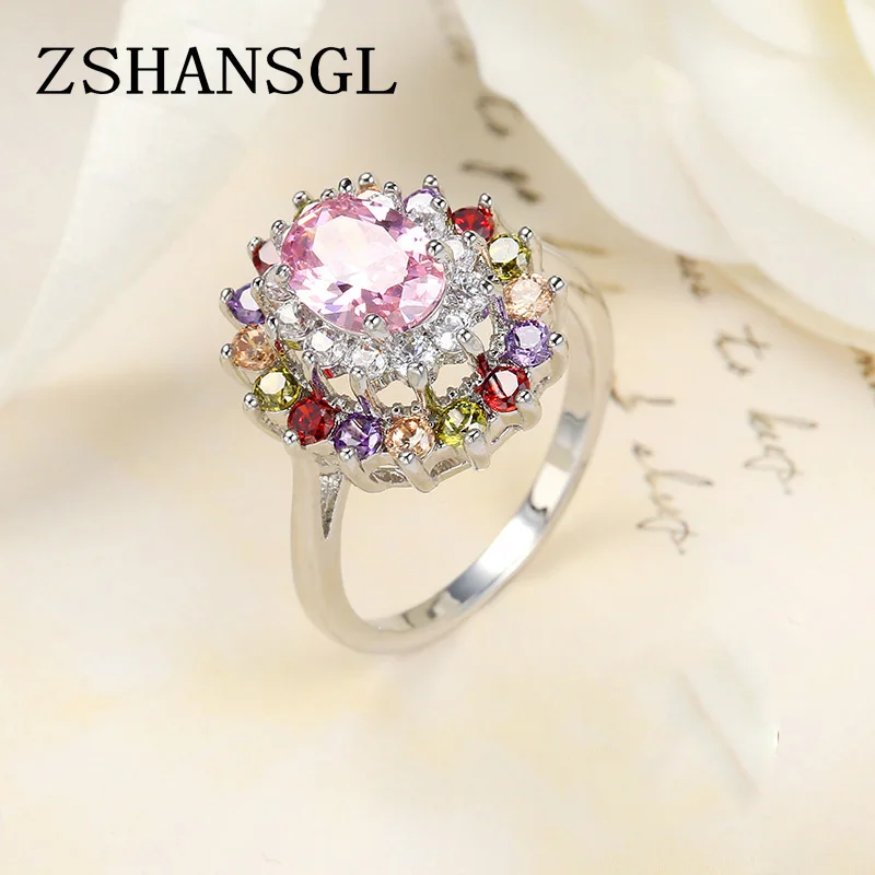 

Romantic Female Rings 925 Stamp Plata Pave Setting 5A Multicolor Zircon CZ Wedding Band Rings Set for Women Bridal gift Bijoux