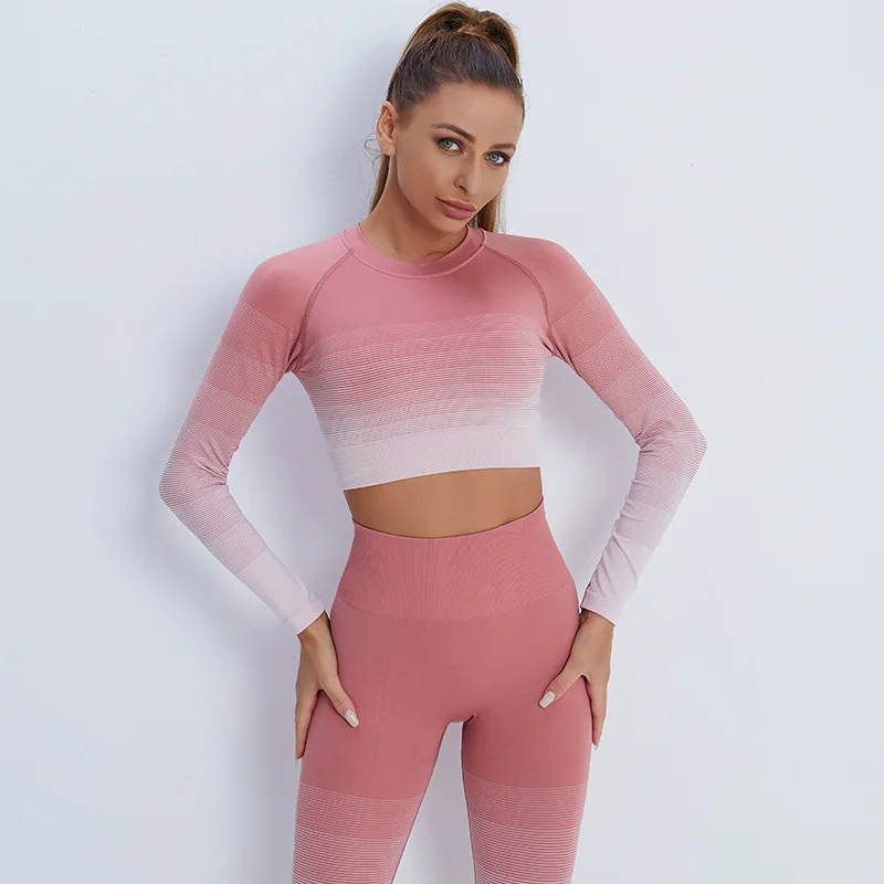 Seamless Gradient Yoga Sets Sports Fitness High Wasit Peach Hip Raise Pants Long-sleeved Suit Workout Gym Leggings Set for Women