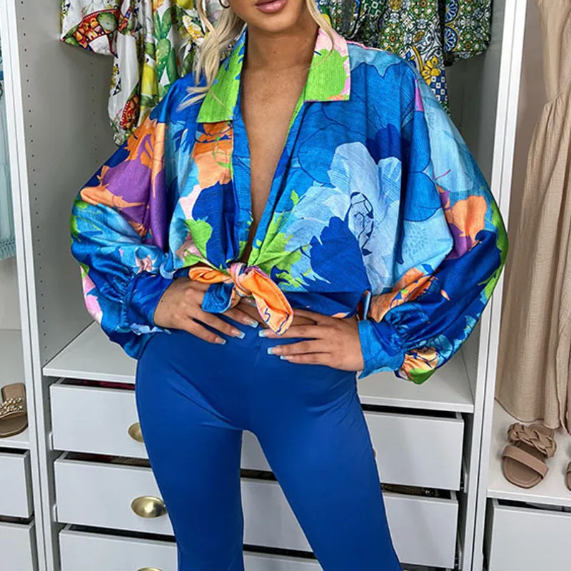 

Women Print Cardigan Blouses Tops Fall Holiday Fashion Long Sleeve Shirts Summer Ladies Casual Floral Lapel Tie-up Bow Top Shirt