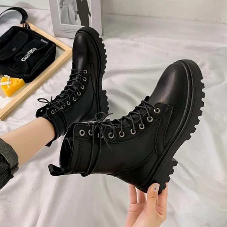 

2022 New White Black PU Leather Ankle Boots Women Autumn Winter Round Toe Lace Up Shoes Woman Fashion Motorcycle Platform Botas