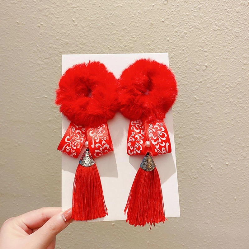 

Tassel Red Plush Donut Scrunchies Children's Festive Headdress Baby's New Year Hair Ornaments Girls' Festival Flower Hair Rope