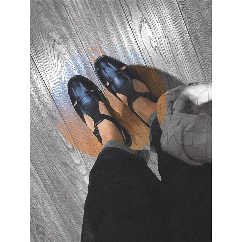 women sandals Hereu Summer Mary Jane Closed Toe Sandals Women's Woven round Toe Genuine Leather Bag Heel Buckle Flat Roman Shoes