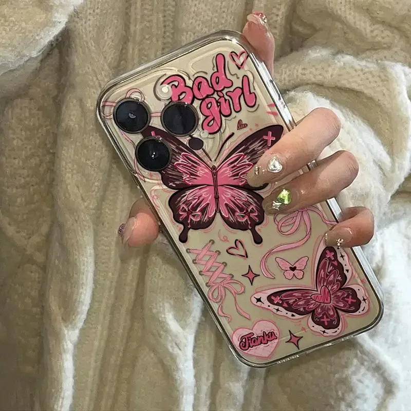Прозрачный чехол для телефона с рисунком розовой бабочки iPhone 15 14 12 11 13 16 Pro Max Mini X XR