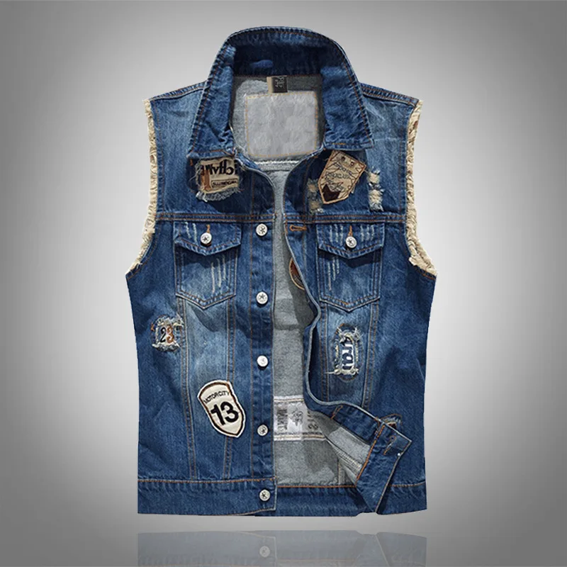 

Scratched Men Slim Fit Denim Jeans Vest Fringe Frayed Holes Numbers Patches Ripped Sleeveless Men's Jacket Coat Waiscoat