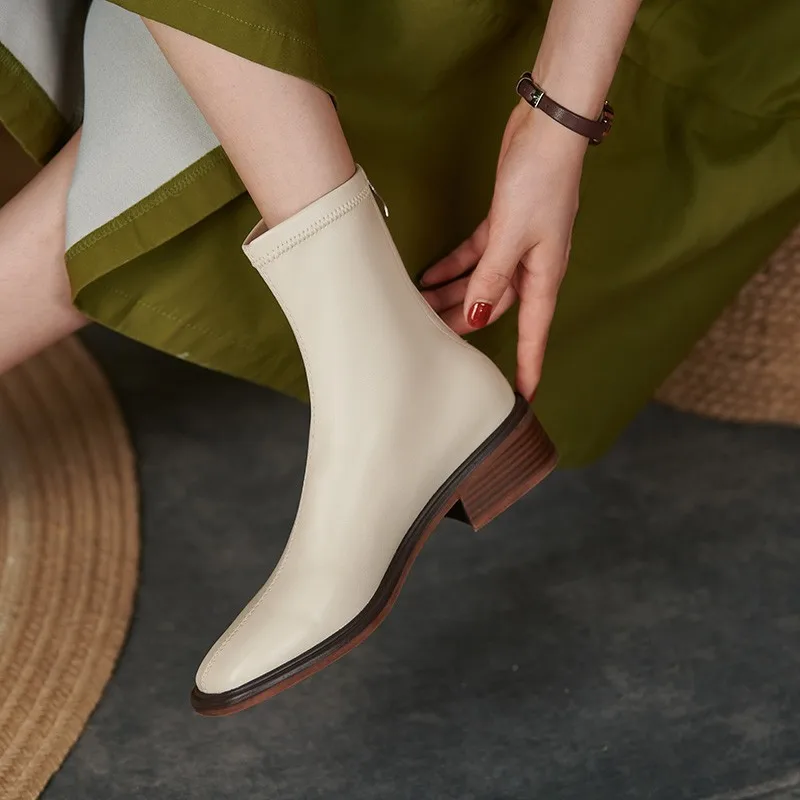 

Elegant Concise Back Zipper Women Warm Boots Genuine Leather Round Toe Thick Heels Pumps Wedding Office Lady Shoes Woman