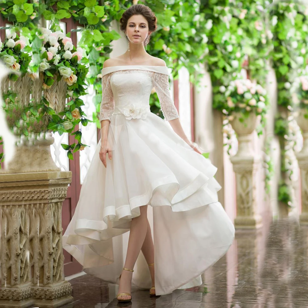 

Simple Wedding Dress 2022 Lace Appliques 3D Flowers Boat Neck Backless High/Low Bridal Gown Robe De Mariee Ankle Length Buttons