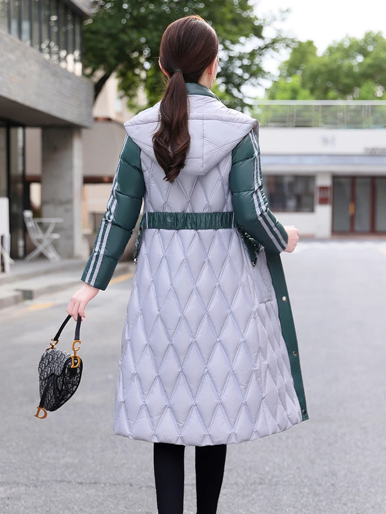 New Women Winter Down Coat Fashion Hooded Color Blocking Strecth Belt Long Thicken Slim White Duck Down Jacket Female Outerwear