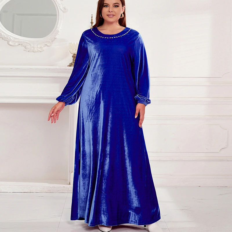 Женское бархатное платье-макси с длинным рукавом и круглым вырезом