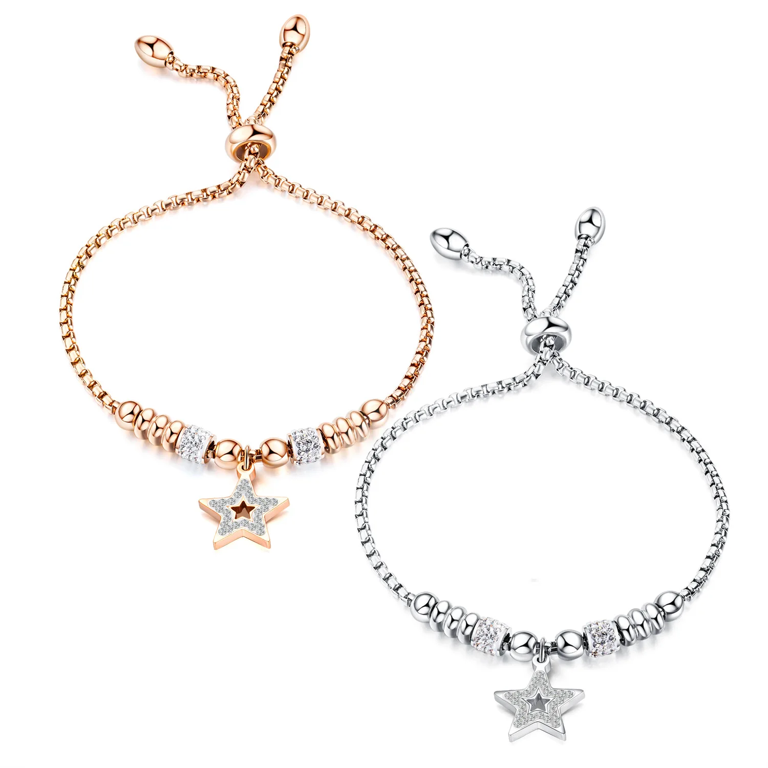 

Fashion Hollowed-out Beads Set with Diamonds and Stars Hand Jewelry Plated with Rose Gold Titanium Steel Bracelet for Ladies