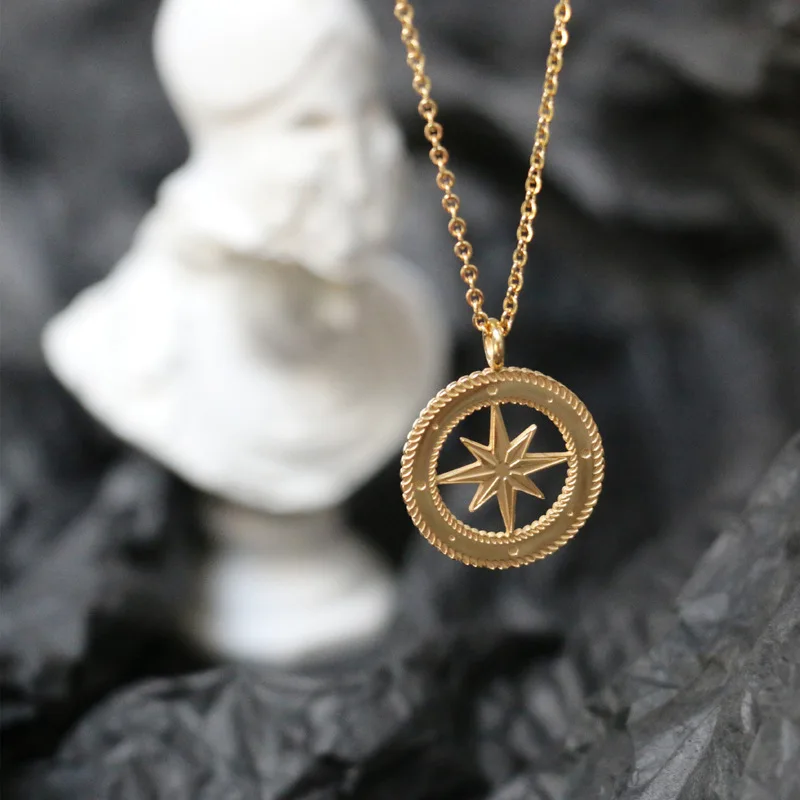 

Compass Necklace Stainless Steel Necklace For Women Gold Metal Star Coin Medallion Choker Collares Collier Femme