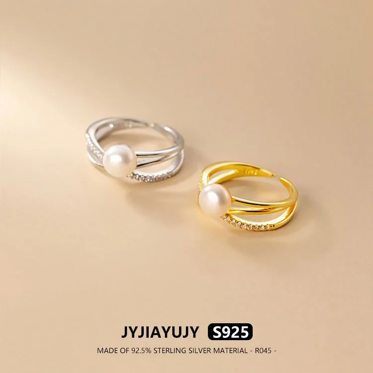 

JYJIAYUJY 100% Sterling Silver S925 Ring Natural Freshwater Pearls Double Layered Design White Zircon Jewelry Gift Daily R045