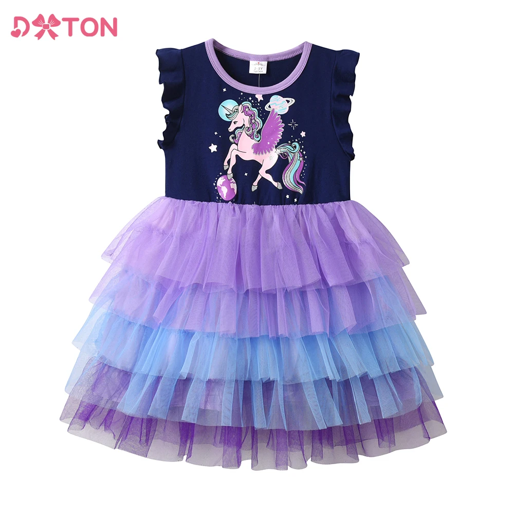 

DXTON/летнее платье с расклешенными рукавами для девочек, Vestidos, детское платье с рисунком единорога платье-пачка для девочек на день рождения, вечерние, для путешествий, для детей от 3 до 12 лет