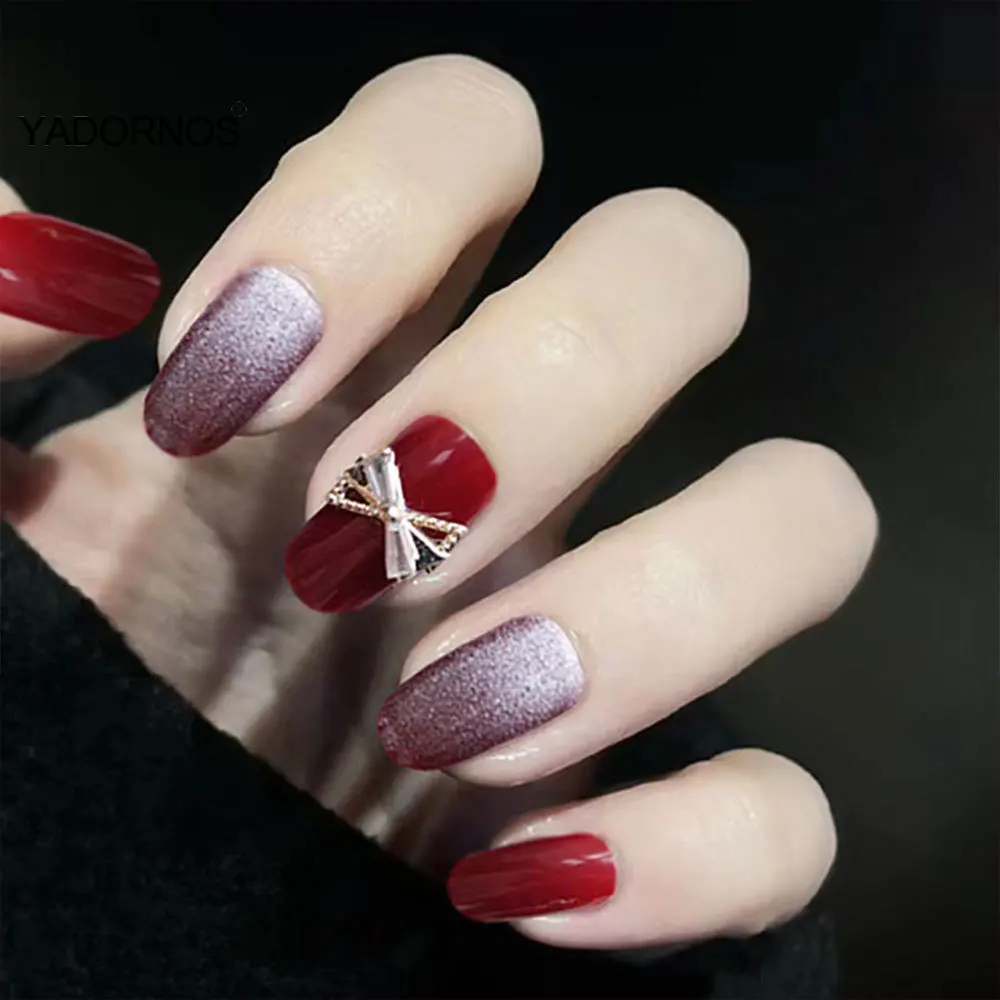 

24 шт., красные накладные ногти в стиле ретро, круглая голова, Блестящие кристаллы, кошачий глаз, полное покрытие, нажимные ногти для женщин, и...