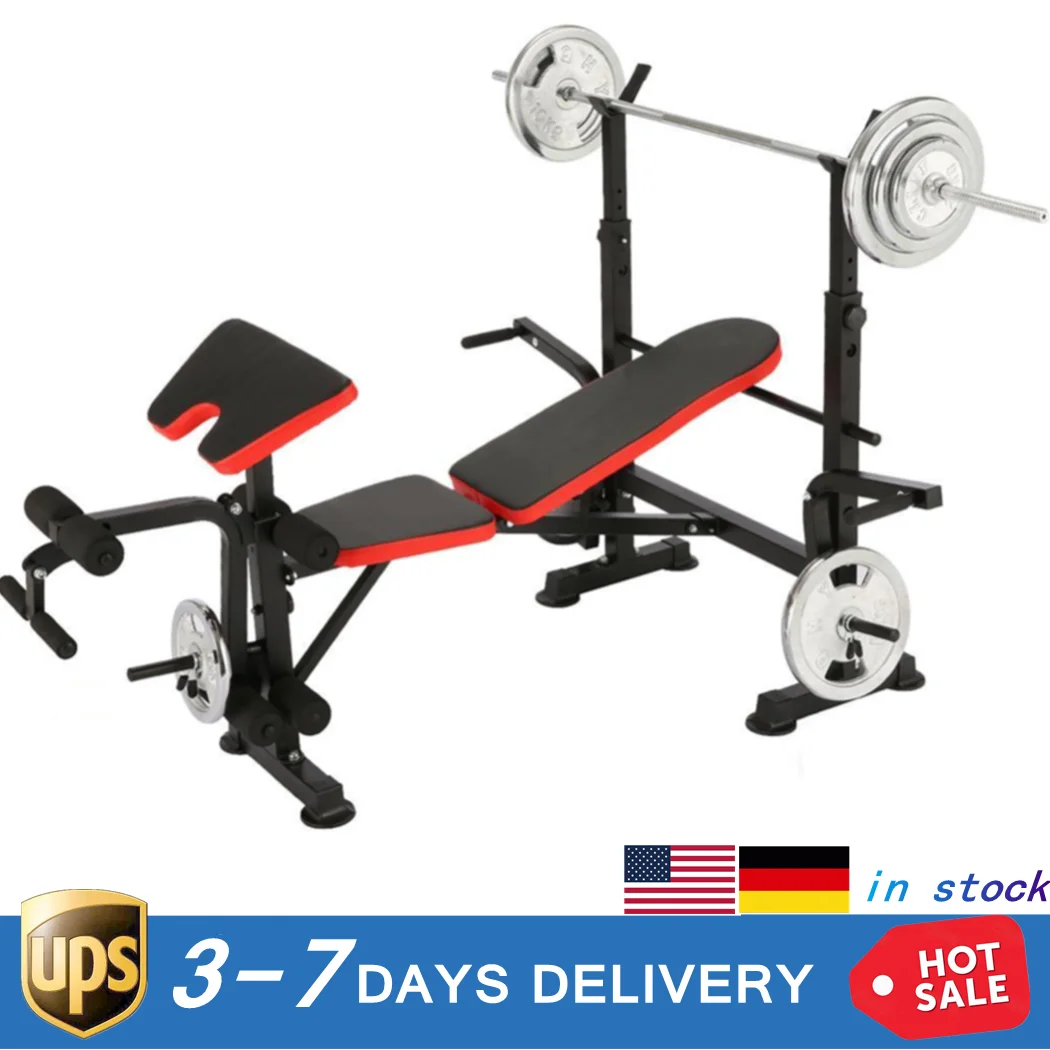 

Adjustable Weight Lift Bench Rack Set Barbell Dumbbell Push Up Back Sit Up Exercise Adjustable Uprights Dual-Action Leg Develope