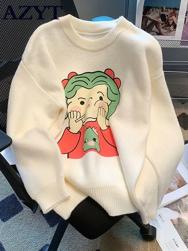 

AZYT Loose O Neck Cartoon Print Woman Sweater Autumn Winter Casual Knitwear Jumpers Female Soft All Match Knit Pullover Sweater