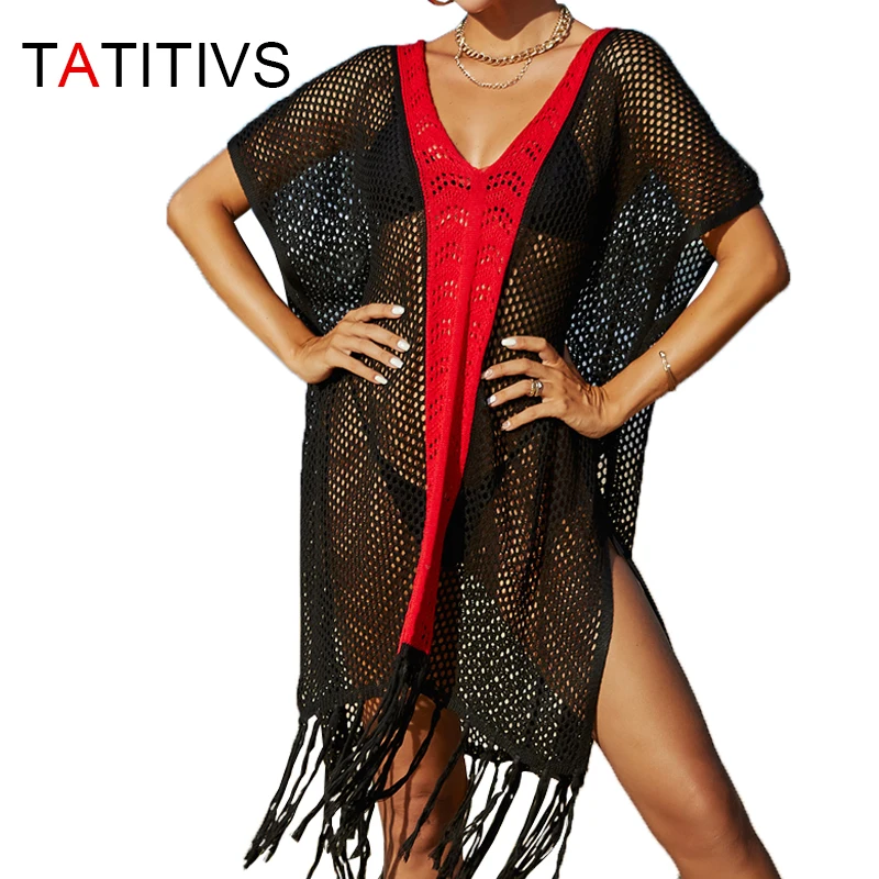 

TATITIVS Sexy Tassel Beach Cover Up Dress Crochet Bikini Blouse 2023 Hollow Knitting patchwork Summer Beachwear Women's Clothing