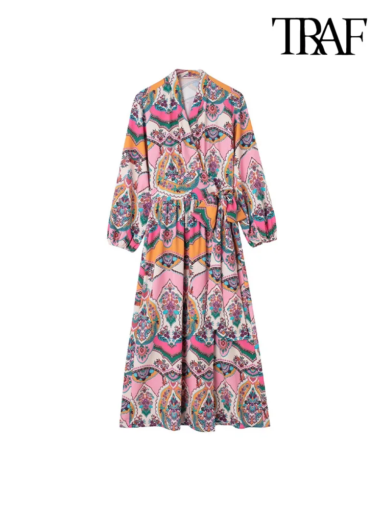 

TRAF Women Fashion With Tied Bow Printed Wrap Midi Dress Vintage V Neck Long Lantern Sleeve Female Dresses Vestidos Mujer