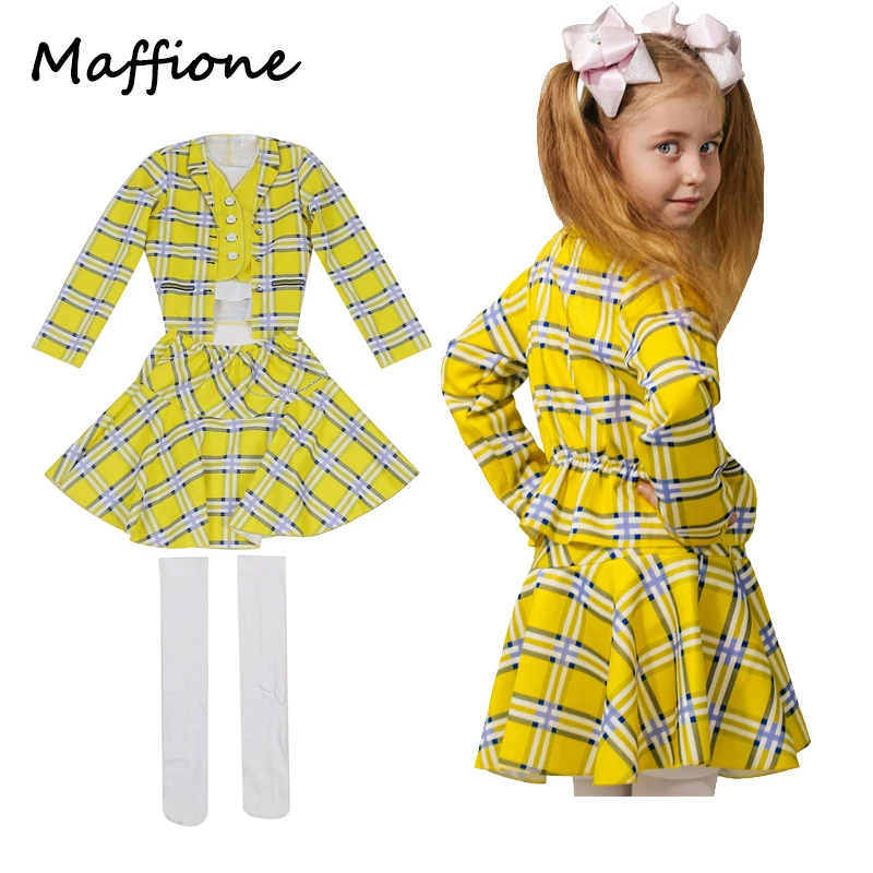 Clueless Cher Cosplay Uniform Costume Yelow School Outfit Clothes Children Kids Girl Halloween Carnival Party Disguise Suit