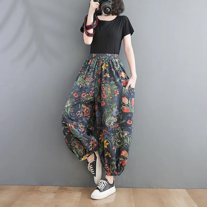 British Fashion New 2022 Ladies Printed Floral Jeans Women Vintage Blue Denim Pants Female Street Style Oversized Pantalons