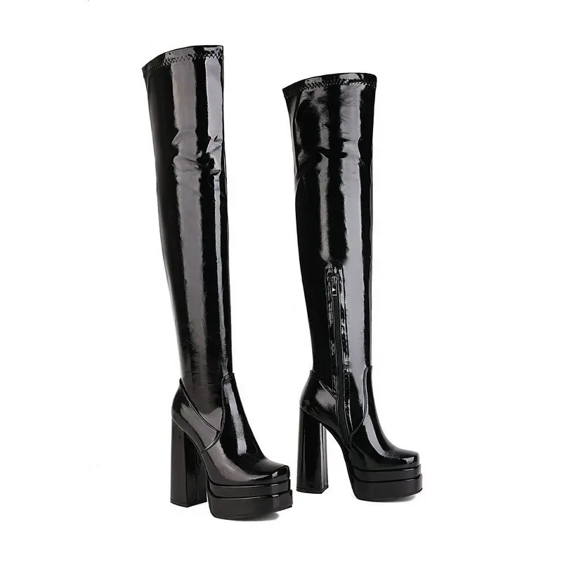 

Black Thick Heels Elastic Micro Knee High Boots For Women Punk Style Autumn Winter Chunky Platform High Boots Party Shoes Ladies