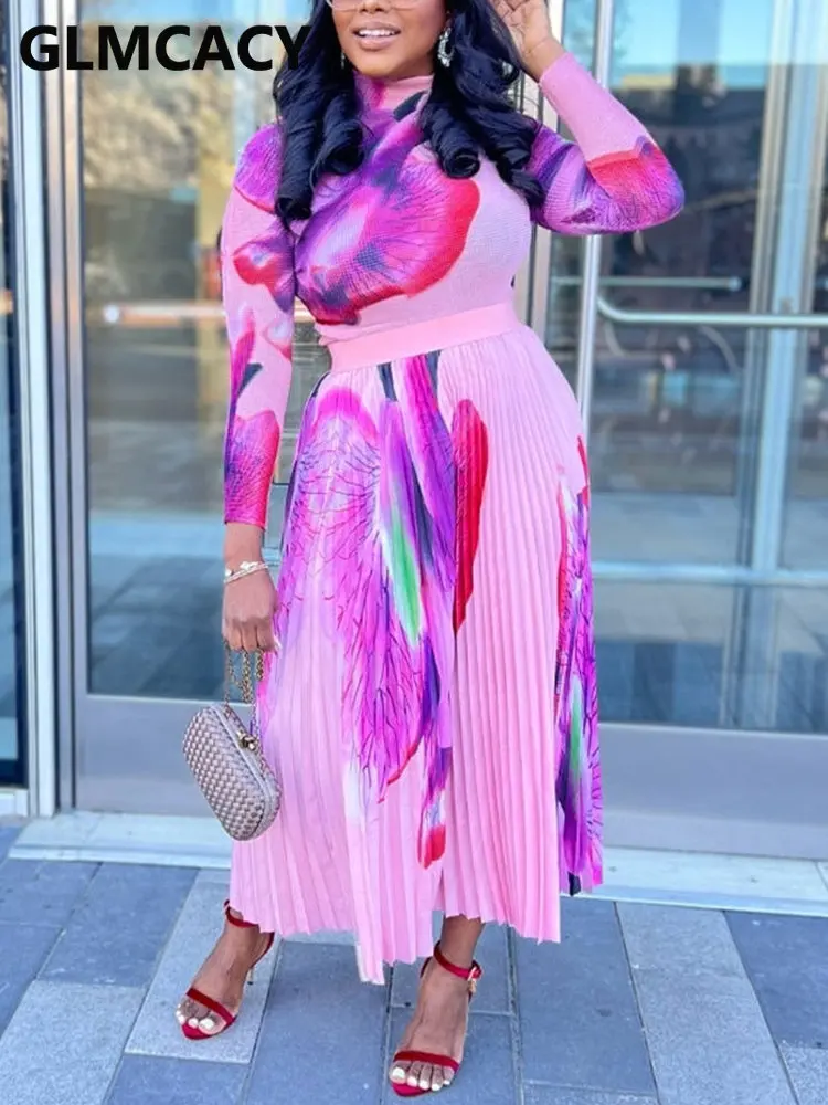 

Женское платье с длинным рукавом, фиолетовое плиссированное платье с абстрактным цветочным принтом