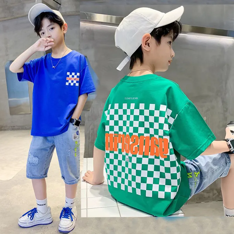 

Boys Clothes Set Summer Casual Suit 2023 New Kids Clothes Fashion Boys Handsome Two Piece Plaid Tshirt+Denim Shorts