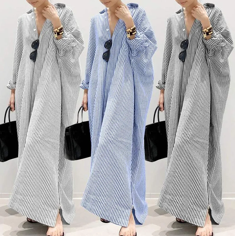 

Summer Striped V Neck Dress Women 2023 New Cotton and Linen Loose Irregular Dress Ladies Loose Boho Dresses