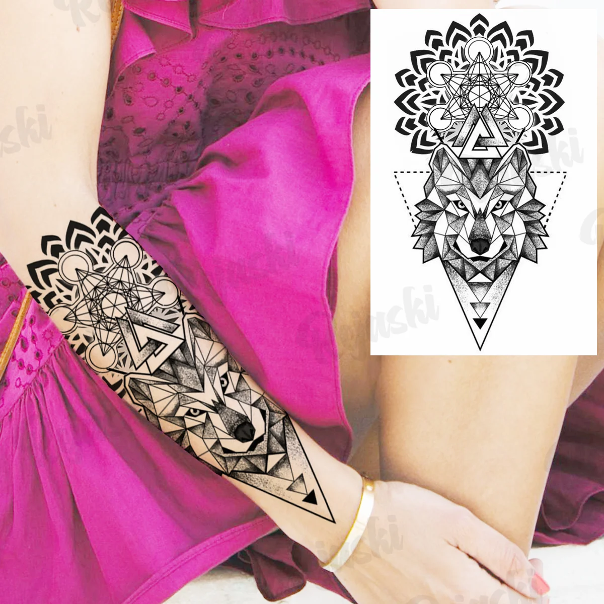 

Черная мандала, временные татуировки для женщин и мужчин, реалистичный волк, Геометрическая хна, искусственная фотография тела, искусственная 3d-татуировка