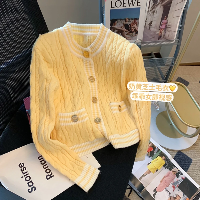 

Yellow Knitted Cardigan Sweater For Women Korean Slim Long Sleeve Top Women's Twist Detail Cardigans Jacket Femme Mujer 2023