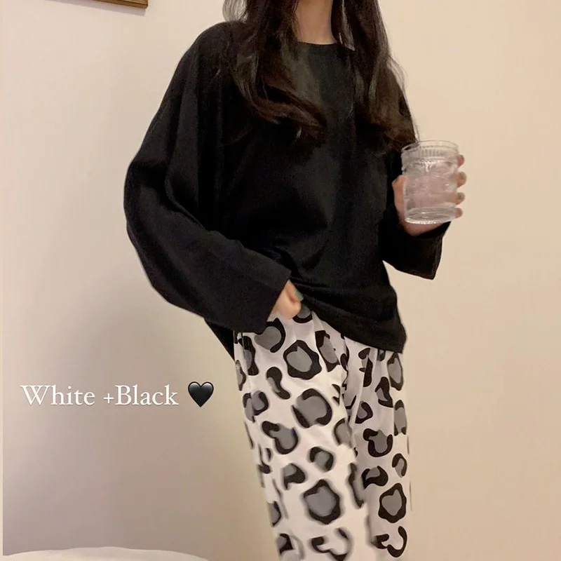 QWEEK Autumn Women's Clothing Solid Color Black Top Leopard Print Pants Pajamas Bedroom Set Girls Home Clothes Pijamas Pyjamas
