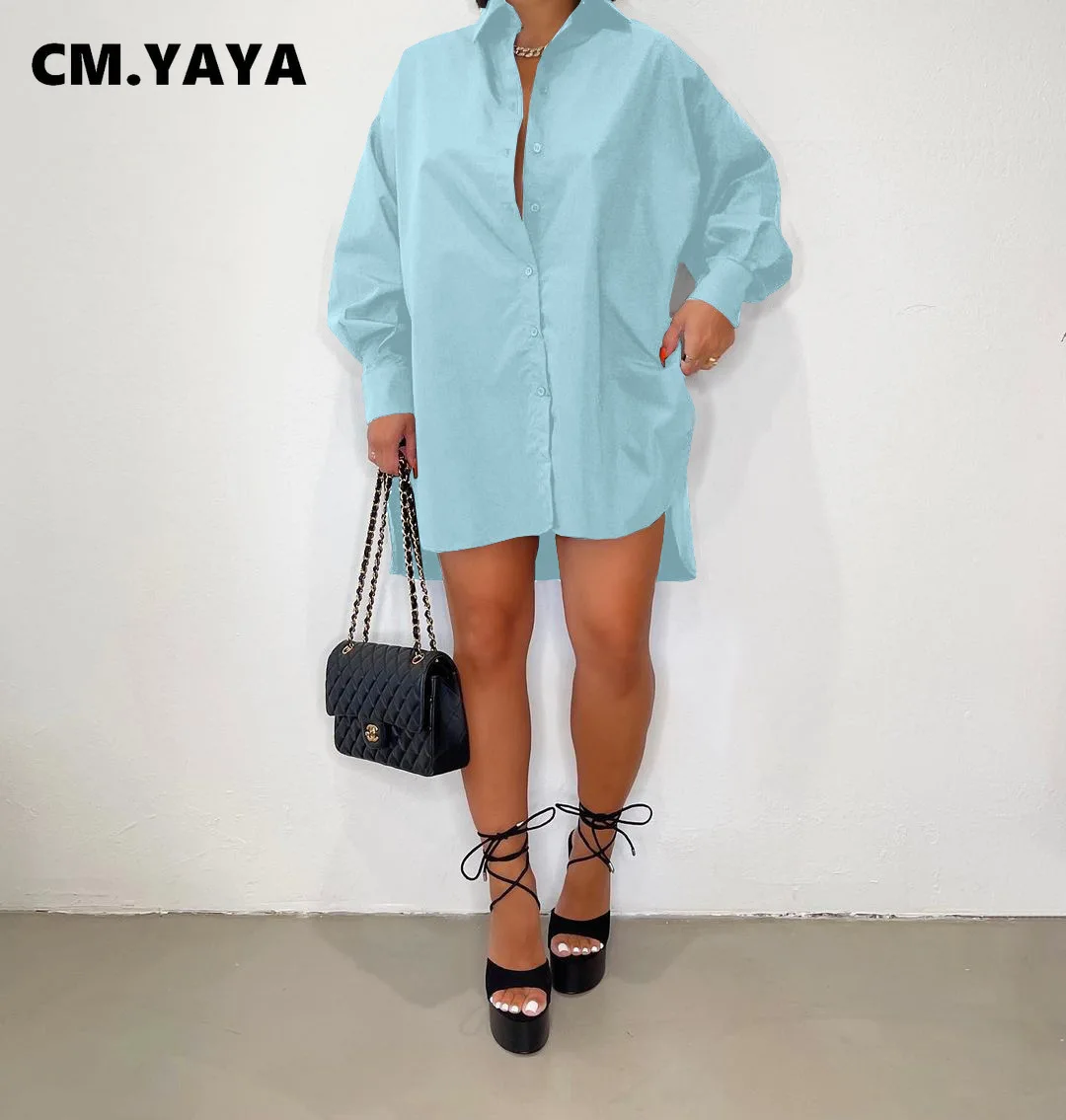 

CMYAYA Women Long Sleeve Single Breasted Loose Slim Shirt Style Dress 2022 Summer Elegant Street Irregular Blouse Dresses