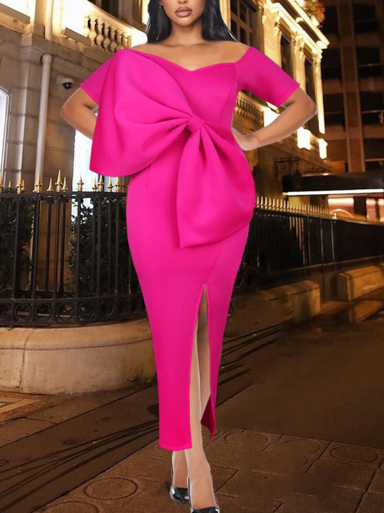 

AOMEI Rose Party Dress Short Sleeve Party Celebrate Big Bow V Neck Slit Sexy Bare Shoulder Bodycon Slim Fit African Gowns Club