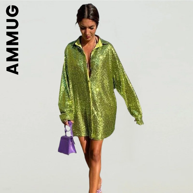 

Ammug New Dress Women Popular Dresses Green Sequins Shitrs Long Sleeve V Neck Loose Party Dresses Oversized Vestidos Dress Woman