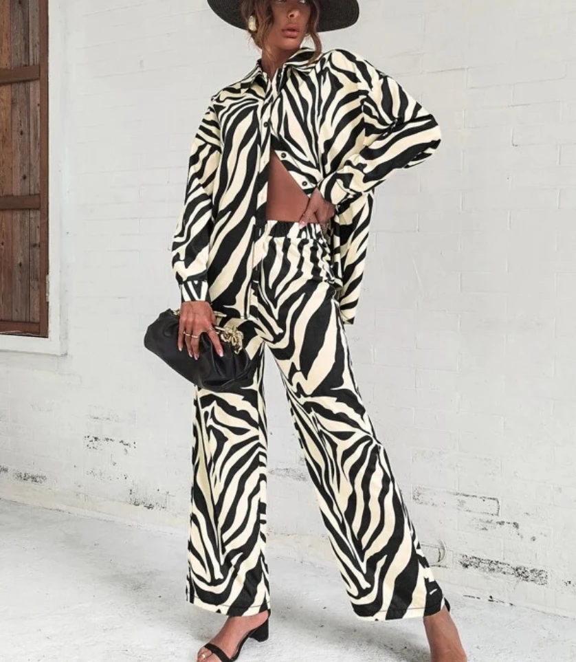 

Dourbesty Women 2 Piece Pant Set Aesthetic Print Long Sleeve Top Shirt + Long Trousers Casual Summer Beach Holiday Suits Outfits