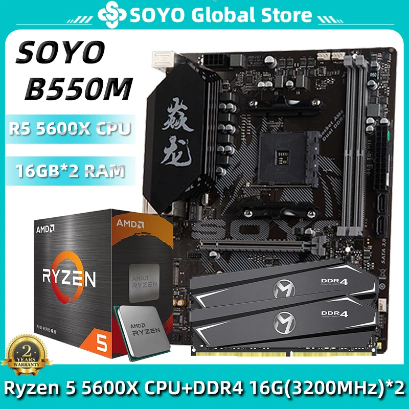 

SOYO Motherboard Kit B550M With Ryzen 5 5600X CPU DDR4 16GB×2=32GB 3200MHz RAM for Desktop Computer Gaming Motherboard Combo