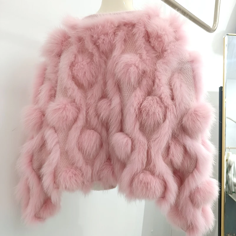 2022 Winter New Women's Fox Fur Grass Jacket Knitted Cardigan Big Fox Fur Cotton Candy Fashion Jacket V-neck elastic