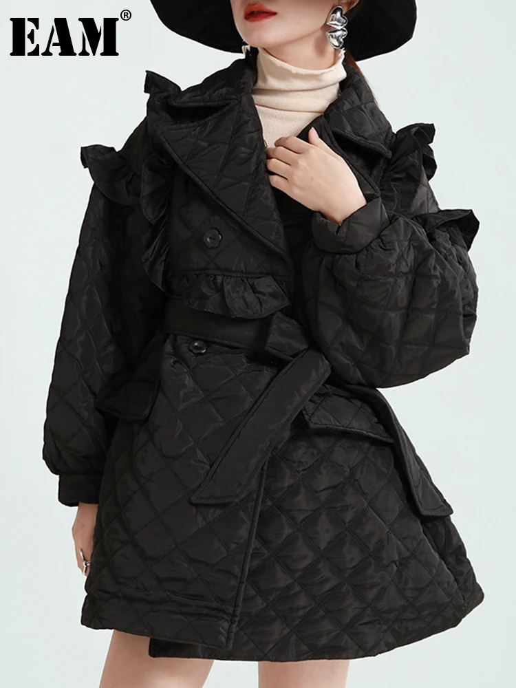 

[EAM] Black Ruffles Big Size Cotton-padded Coat Long Sleeve Loose Fit Women Parkas Fashion Tide New Autumn Winter 2021 1DE3935