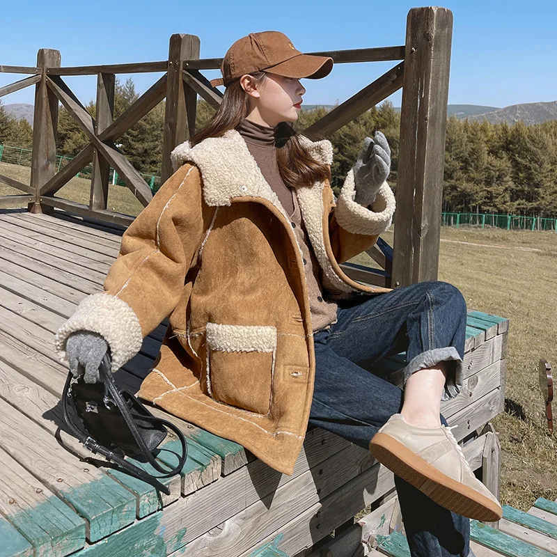 Vintage lamb wool coat women's autumn and winter cashmere thickened cotton coat